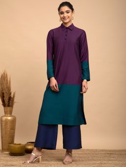 Pink Fort - Colorblock Silk Kurta Purple and Teal (Set of 2)
