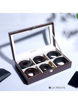 La Trove - Elegant 6 Slot Belt & Pocket Square Organiser Box With Glass Top Brown