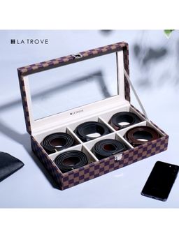 La Trove - Elegant 6 Slot Belt & Pocket Square Organiser Box With Glass Top Multi-Color