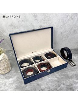 La Trove - Elegant 6 Slot Belt & Pocket Square Organiser Box Blue