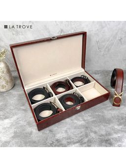 La Trove - Elegant 6 Slot Belt & Pocket Square Organiser Box Brown