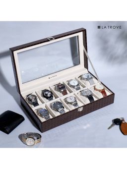 La Trove - 10 Slot Watch Display Box Case Organiser With Glass Top Brown