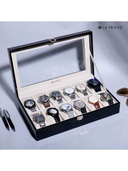 La Trove - 12 Slot Watch Display Box Case Organiser With Glass Top Black