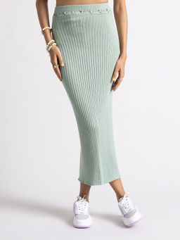 MIXT by Nykaa Fashion - Green Ribbed High Waist Slit Bodycon Midi Skirt