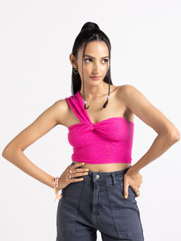 MIXT by Nykaa Fashion - Pink Knotted One Shoulder Ribbed Crop Top