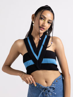 MIXT by Nykaa Fashion - Blue And Black Colorblock Striped Sleeveless Crop Top