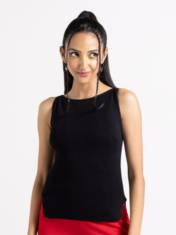 MIXT by Nykaa Fashion - Black Solid Boat Neck Ribbed Top
