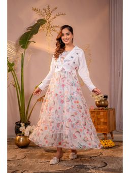 Juniper - Women White Polyester Typography Dress with Jacket