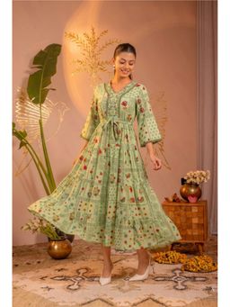 Juniper - Women Green Cotton Abstract Dress with Belt