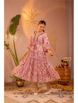 Juniper - Women Pink Cotton Abstract Dress with Belt