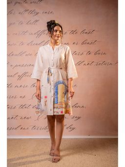 Juniper - Women Off White Cotton Graphic Dress with Belt