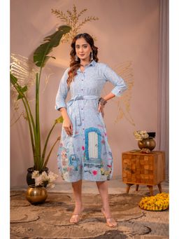 Juniper - Women Blue Cotton Graphic Dress with Belt