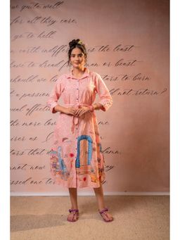 Juniper - Women Peach Cotton Graphic Dress with Belt