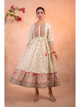 Juniper - Women Green Cotton Floral Dress with Dori