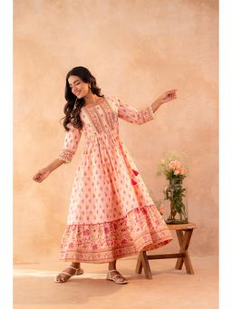 Juniper - Women Peach Cotton Floral Dress with Dori