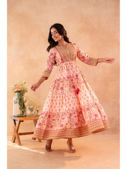 Juniper - Women Peach Cotton Floral Dress with Dori