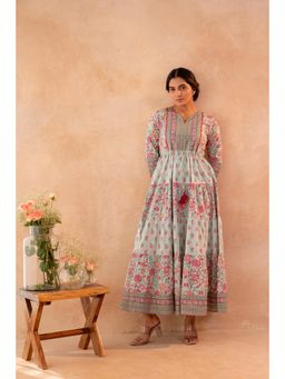 Juniper - Women Green Cotton Floral Dress with Dori