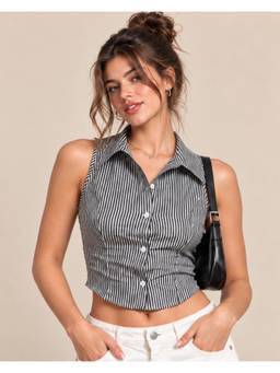 MIXT by Nykaa Fashion - Women's Sleeveless Verticle Black Stripe Shirt