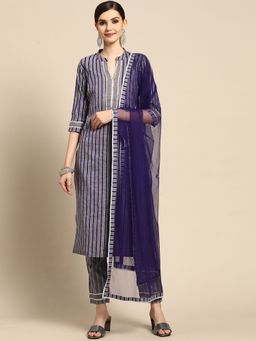 Gerua By Libas - Purple Striped Cotton Blend Suit (Set of 3)