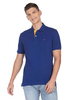 Arrow - Sports Men Blue Ribbed Collar Solid Cotton Polo T-Shirt