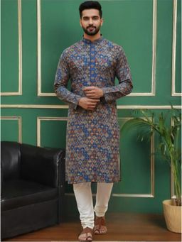 TATTVA - Men Blue Polyester Embroidered Kurta with Pyjama