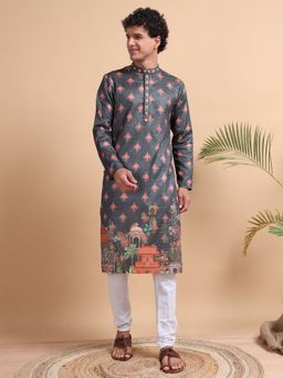 TATTVA - Men Grey Polyester Embroidered Kurta with Pyjama