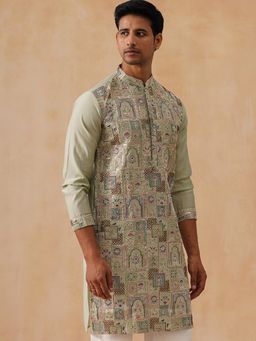 Jompers - Men Pista Green Embroidered Silk Blend Kurta