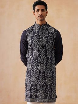 Jompers - Men Navy Blue Embroidered Silk Blend Kurta