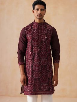 Jompers - Men Burgundy Embroidered Silk Blend Kurta