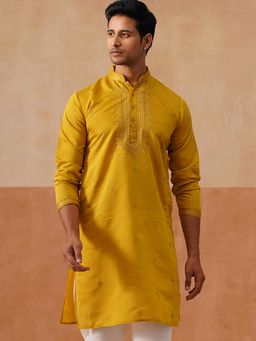 Jompers - Men Mustard Sequin Work Ethnic Motifs Embroidered Neck Kurta