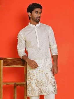 Jompers - Men White Embroidered and Sequins Silk Blend Kurta