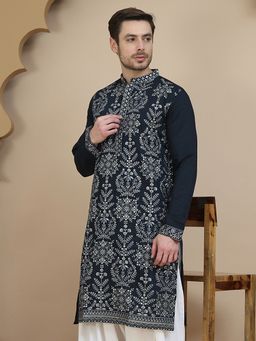 Jompers - Men Navy Blue Embroidered Silk Blend Kurta