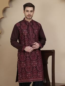 Jompers - Men Maroon Embroidered Silk Blend Kurta