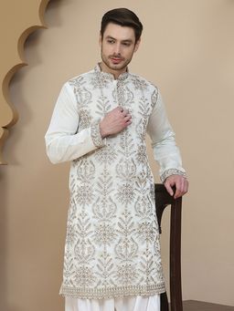 Jompers - Men White Embroidered Silk Blend Kurta