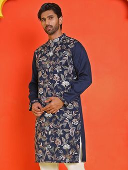 Jompers - Men Navy Blue Embroidered Straight Kurta