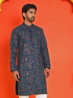 Jompers - Men Navy Blue Embroidered Straight Kurta