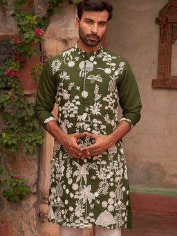 Jompers - Men Olive Embroidered Straight Kurta