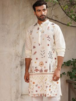 Jompers - Men White Floral Embroidered and Sequins Kurta