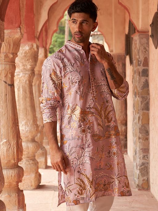 Jompers Men Pink Floral Embroidered Straight Kurta