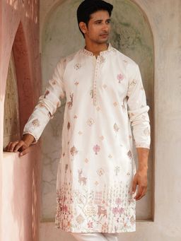 Jompers - Men White Floral Embroidered and Sequins Kurta