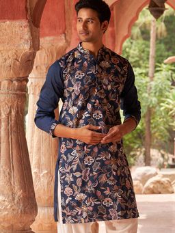 Jompers - Men Navy Blue Embroidered Silk Blend Kurta
