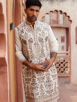 Jompers - Men White Floral Embroidered Straight Kurta