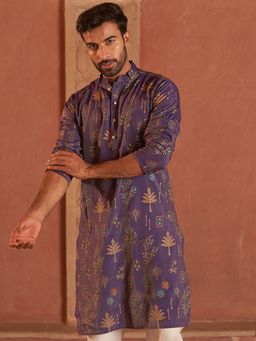 Jompers - Men Purple Printed Silk Blend Straight Kurta