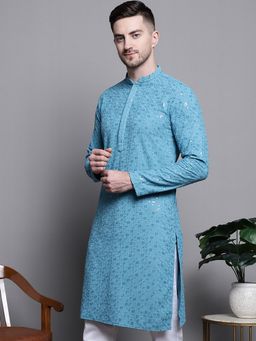 Jompers - Men Blue Cotton Embroidered Straight Kurta