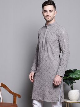 Jompers - Men Grey Cotton Embroidered Straight Kurta