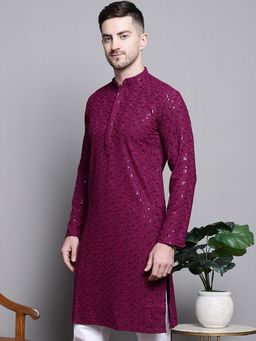 Jompers - Men Purple Cotton Embroidered Straight Kurta
