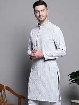 Jompers - Men Blue Cotton Embroidered Straight Kurta
