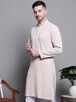 Jompers - Men Peach Cotton Embroidered Straight Kurta