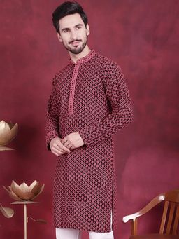 Jompers - Men Magenta Viscose Rayon Embroidered Straight Kurta
