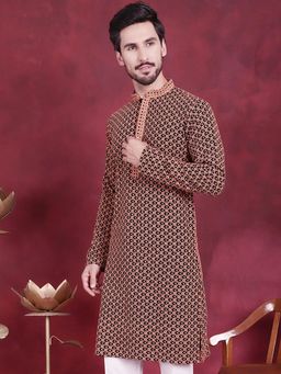 Jompers - Men Orange Viscose Rayon Embroidered Straight Kurta